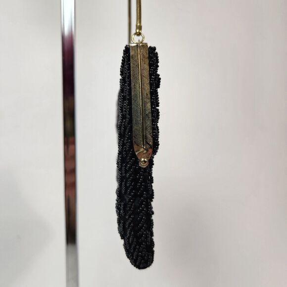 VTG Black Small Beaded Purse Womens Handbag 1920s Flapper‎ Gir Made In Hong Kong - Picture 3 of 16